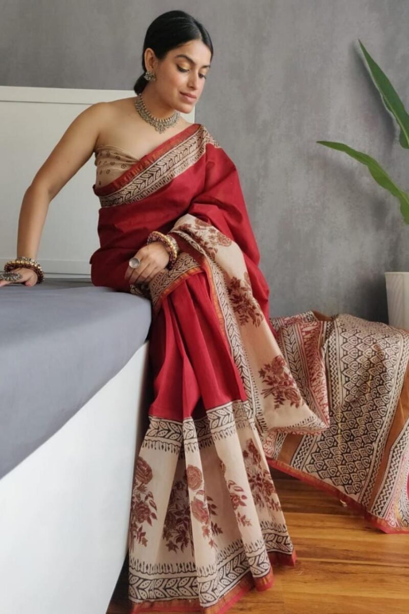 Deep Red Chanderi Silk Saree with Bengi Floral Block Prints