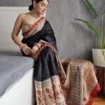 Black Chanderi Silk Saree with Floral Block Print Border and Red Accents
