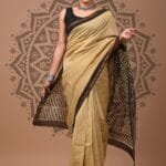 Cream-Yellow Striped Chanderi Silk Saree with Paisley Block Prints