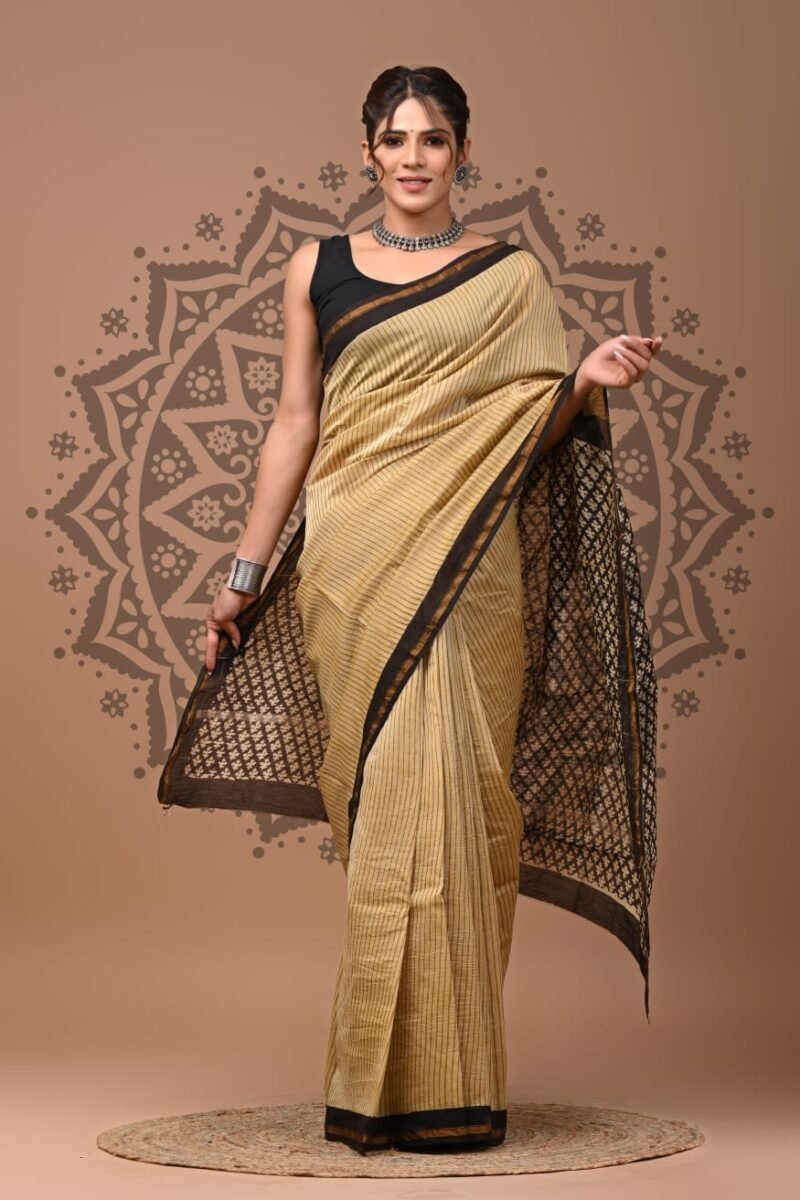Cream-Yellow Striped Chanderi Silk Saree with Paisley Block Prints