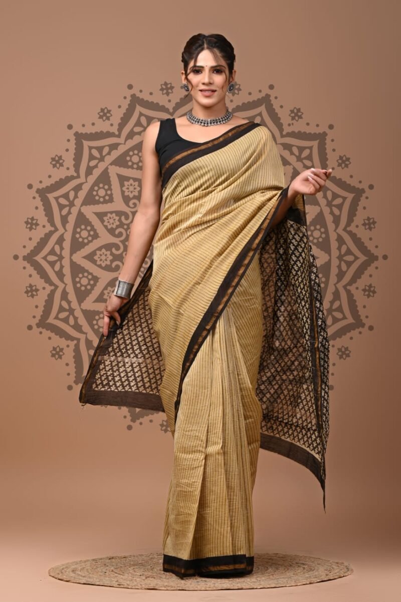Cream-Yellow Striped Chanderi Silk Saree with Paisley Block Prints