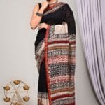 Black Chanderi Silk Saree with Traditional Block Printed Border And Pallu