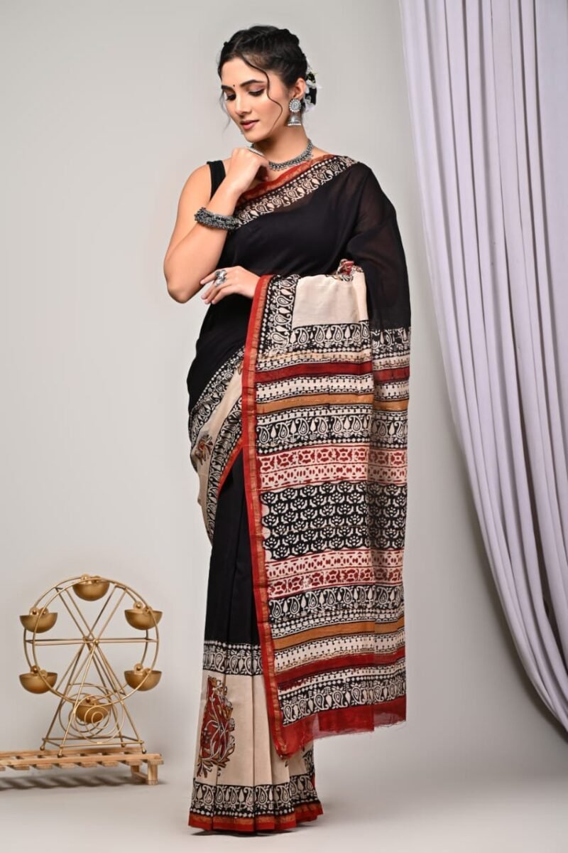 Black Chanderi Silk Saree with Traditional Block Printed Border And Pallu