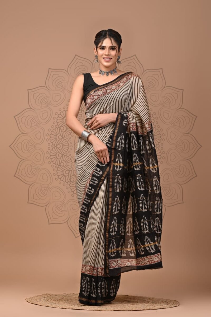 Black and off-White Striped Chanderi Silk Saree with Hand Block Motifs