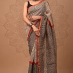 Grey and Rust Geometric Print Chanderi Silk Saree