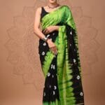 Black and Lime Green Tie-Dye Chanderi Silk Saree with Polka Dots