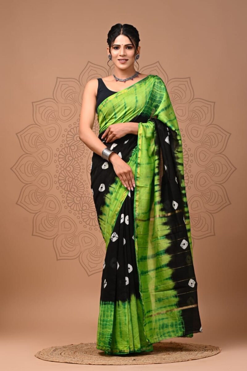 Black and Lime Green Tie-Dye Chanderi Silk Saree with Polka Dots