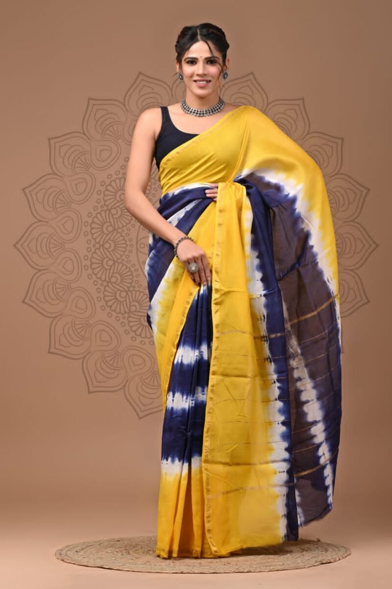 Yellow-Navy Blue Tie-Dye Chanderi Silk Saree with Contemporary Design