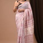 Blush Pink Floral Block Printed Chanderi Silk Saree with Golden Zari Border