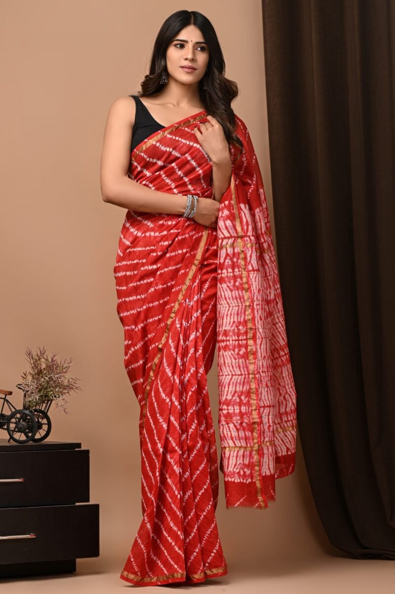 Red Diagonal Tie-Dye Chanderi Silk Saree with Golden Border