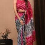 Pink and Grey Shibori Tie-Dye Chanderi Silk Saree with Golden Border