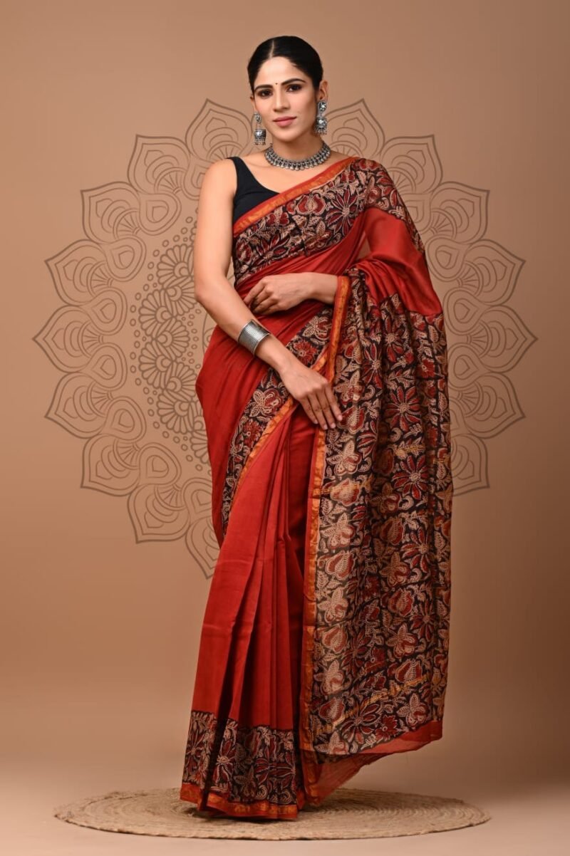 Rust Red Chanderi Silk Saree with Floral Block Printed Pallu