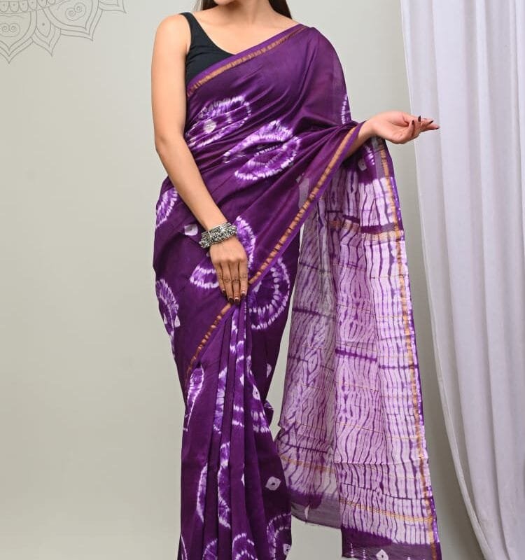 Royal Purple Shibori Tie-Dye Chanderi Silk Saree with Golden Border