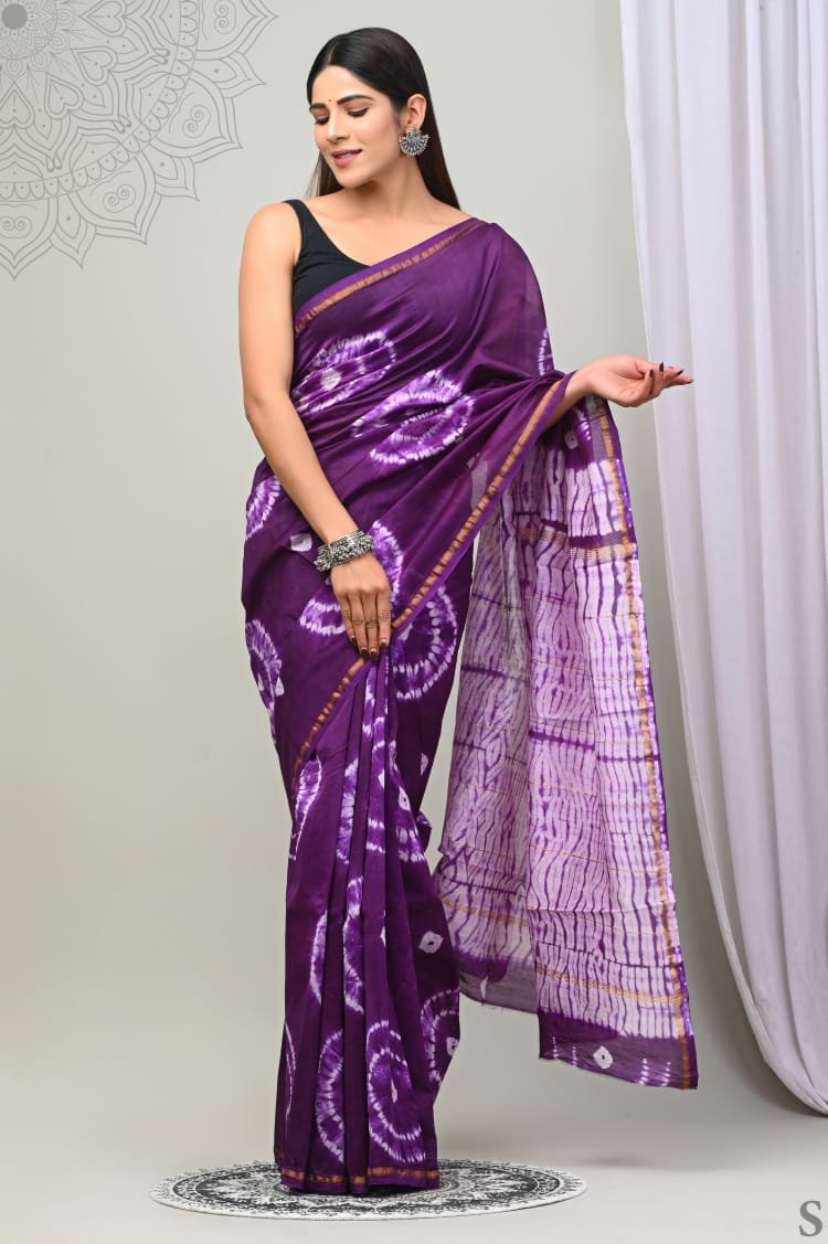 Royal Purple Shibori Tie-Dye Chanderi Silk Saree with Golden Border