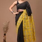 Black Chanderi Silk Saree with Yellow Paisley Block Print Pallu