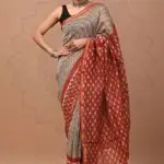 Elegant Striped Chanderi Silk Saree with Rust Red Pallu - Handblock Printed with Golden Zari Border