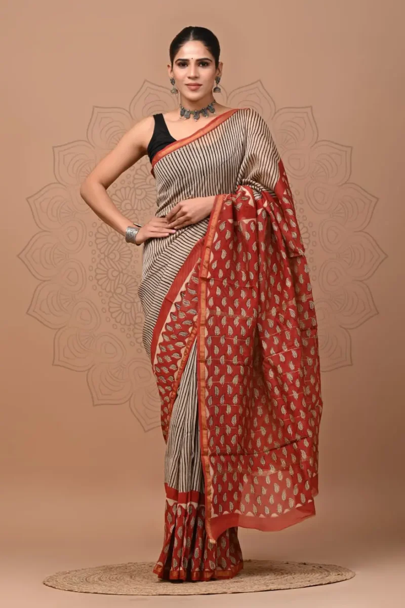 Elegant Striped Chanderi Silk Saree with Rust Red Pallu - Handblock Printed with Golden Zari Border