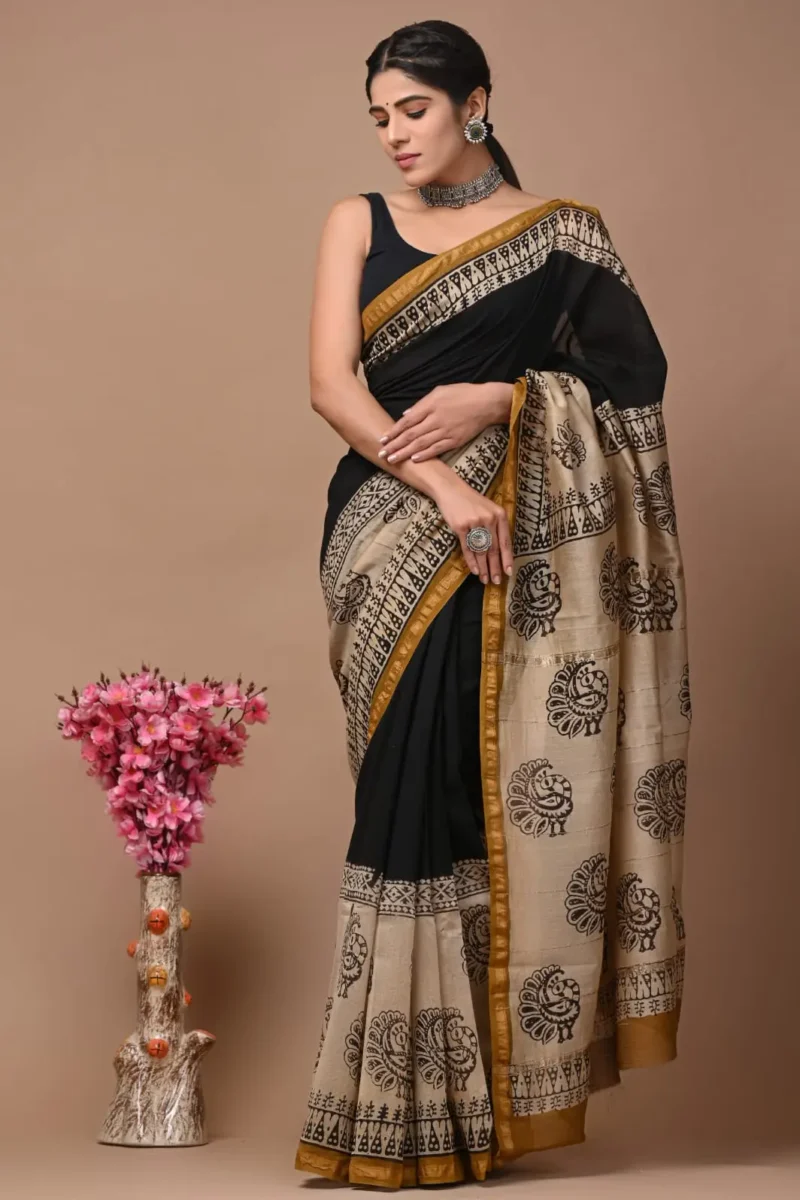 Royal Black Chanderi Silk Saree with Peacock Motif Pallu - Handblock Printed with Golden Zari Border
