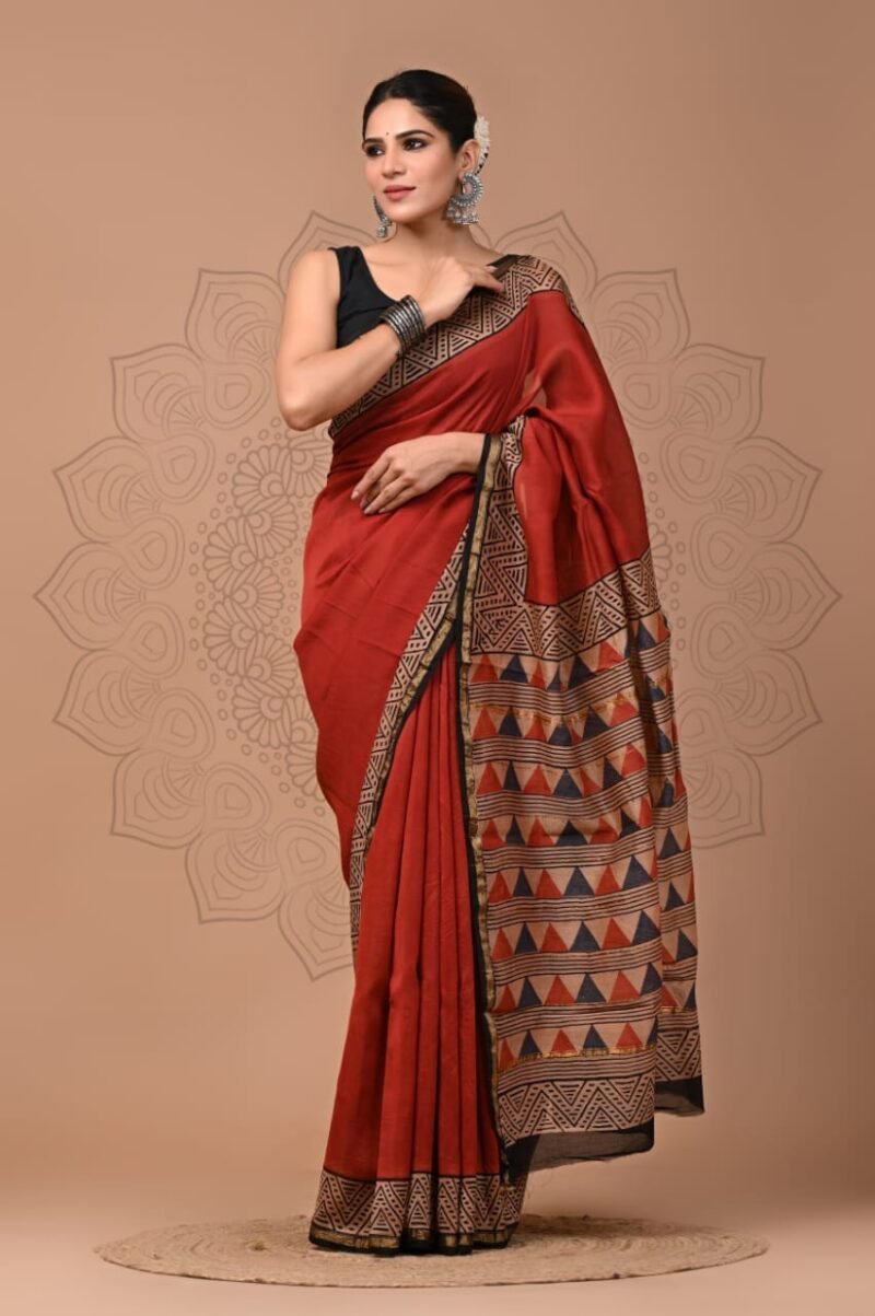 Royal Rust Red Chanderi Silk Saree with Geometric Pallu - Handblock Printed with Golden Zari Border