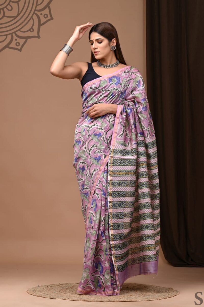 Dream pink Hand Block Printed Chanderi Silk Saree with Floral Vine Pattern