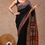 Maheshwari Silk Saree - Black with Traditional Hand Block Print Pallu