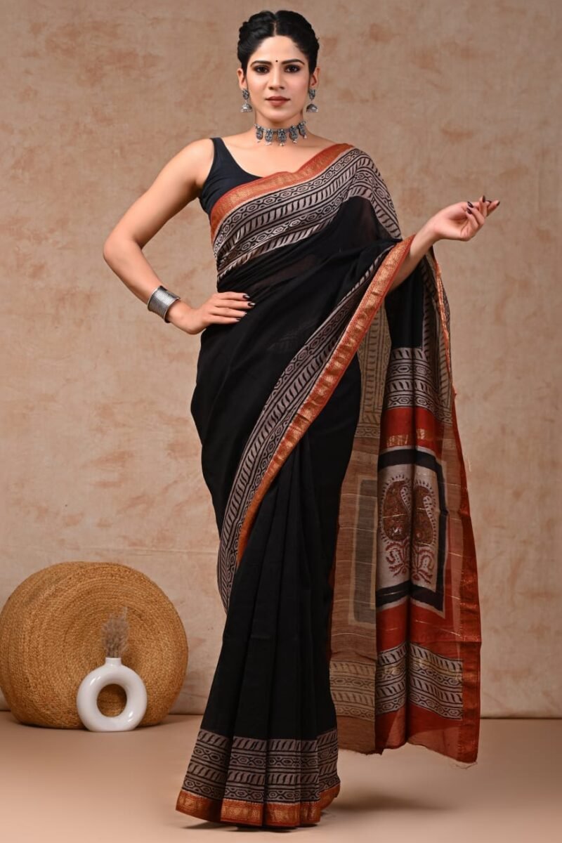 Maheshwari Silk Saree - Black with Traditional Hand Block Print Pallu