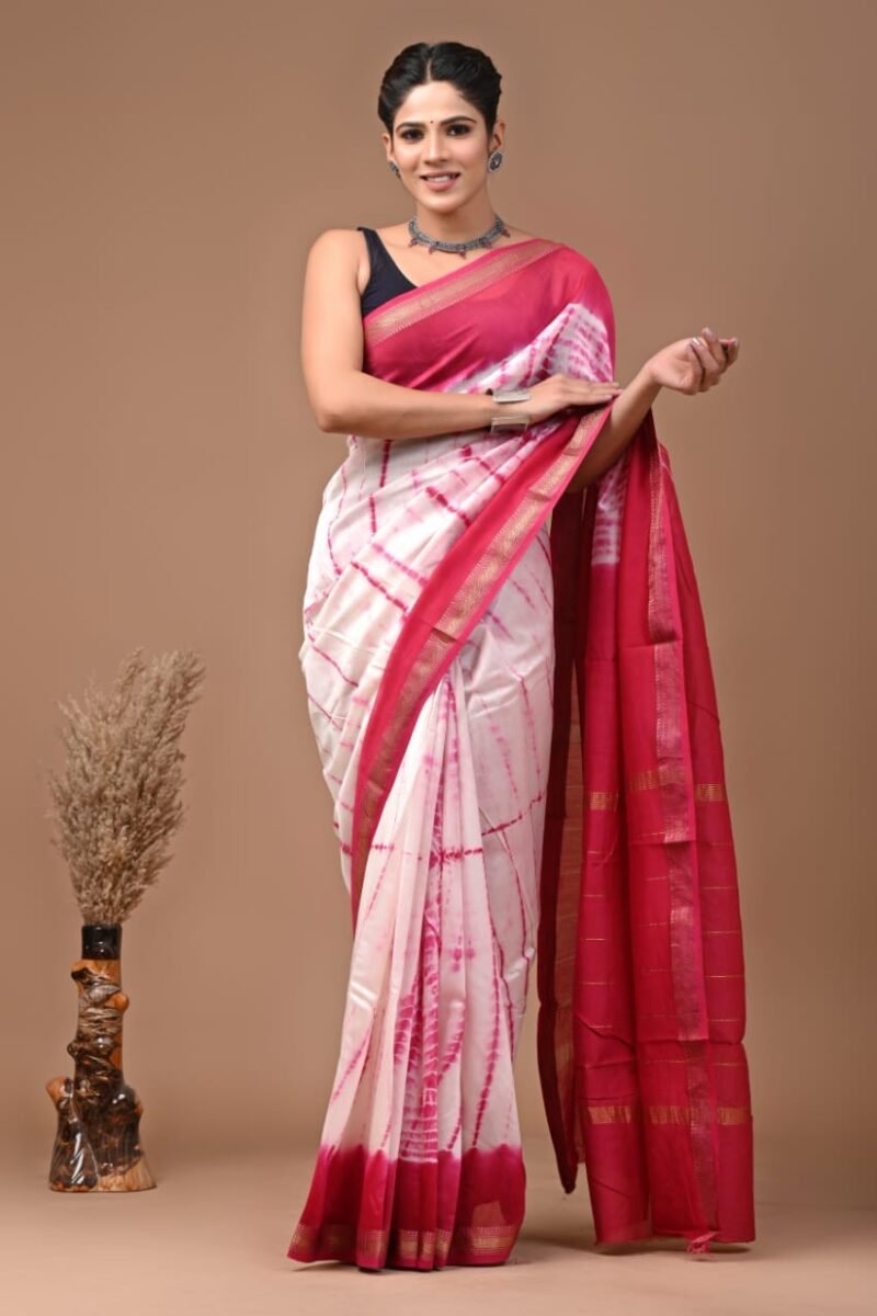 Maheshwari Silk Saree - White Tie and Dye with Pink Pallu