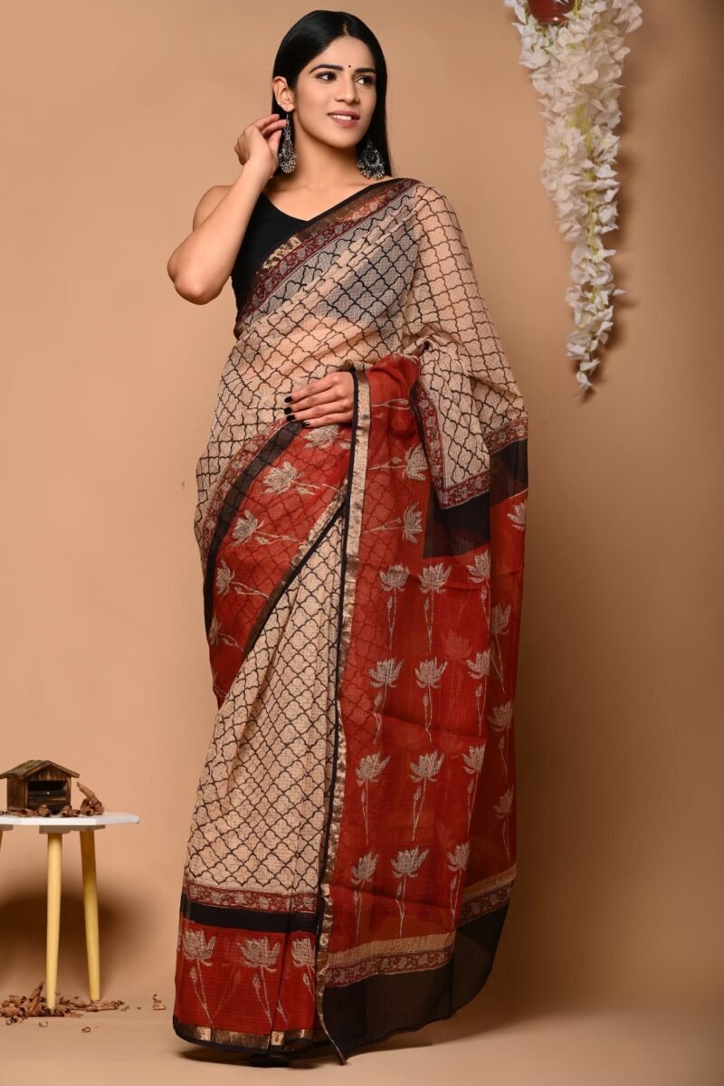 Dual-Tone Kota Doria Cotton Saree with Lotus Motif