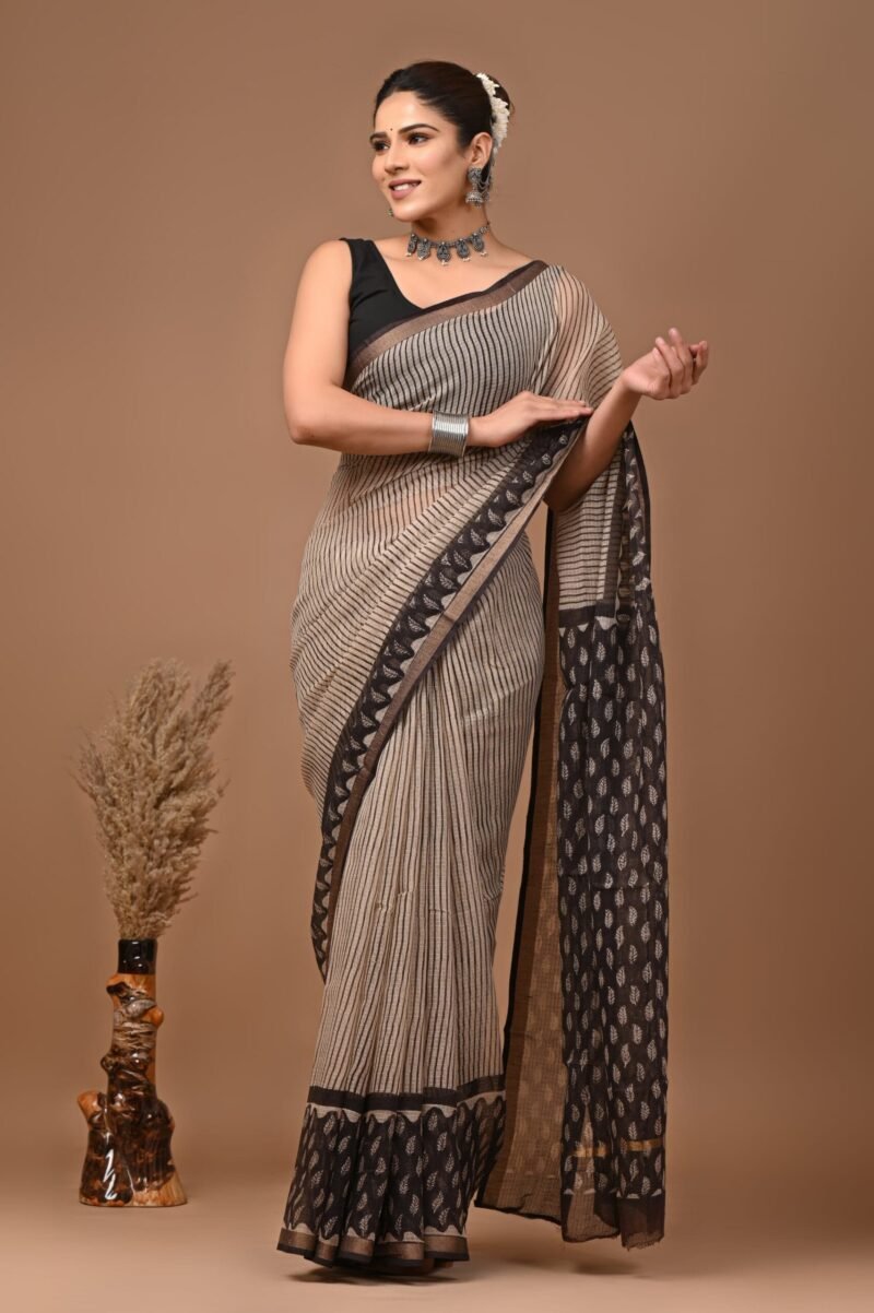 Elegant Grey Striped Kota Doria Saree with Black Leaf Pattern Border