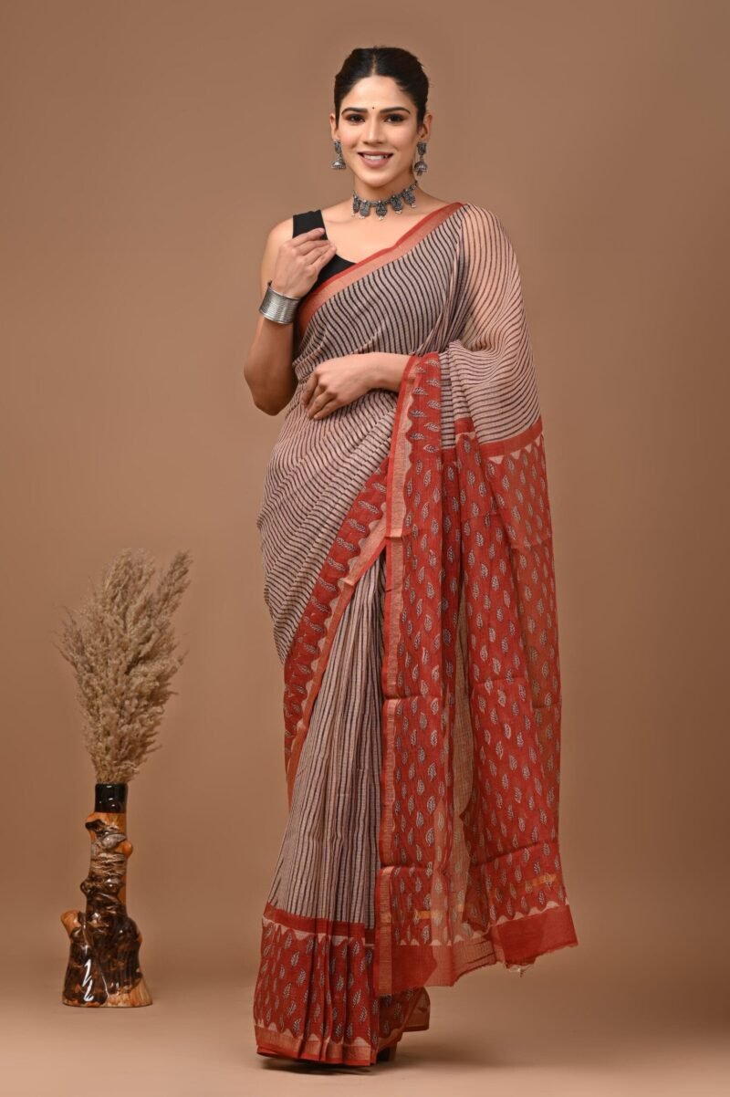 Grey-Red Striped Pure Cotton Kota Doria Saree with Paisley Border