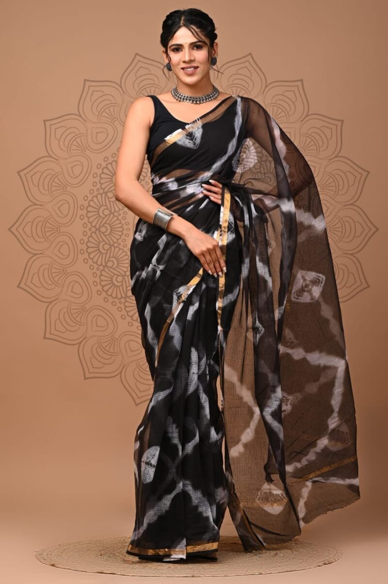 Black and White Tie-Dye Pure Cotton Kota Doria Saree with Golden Zari
