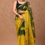 Yellow-Green Tie-Dye Pure Cotton Kota Doria Saree with Golden Border