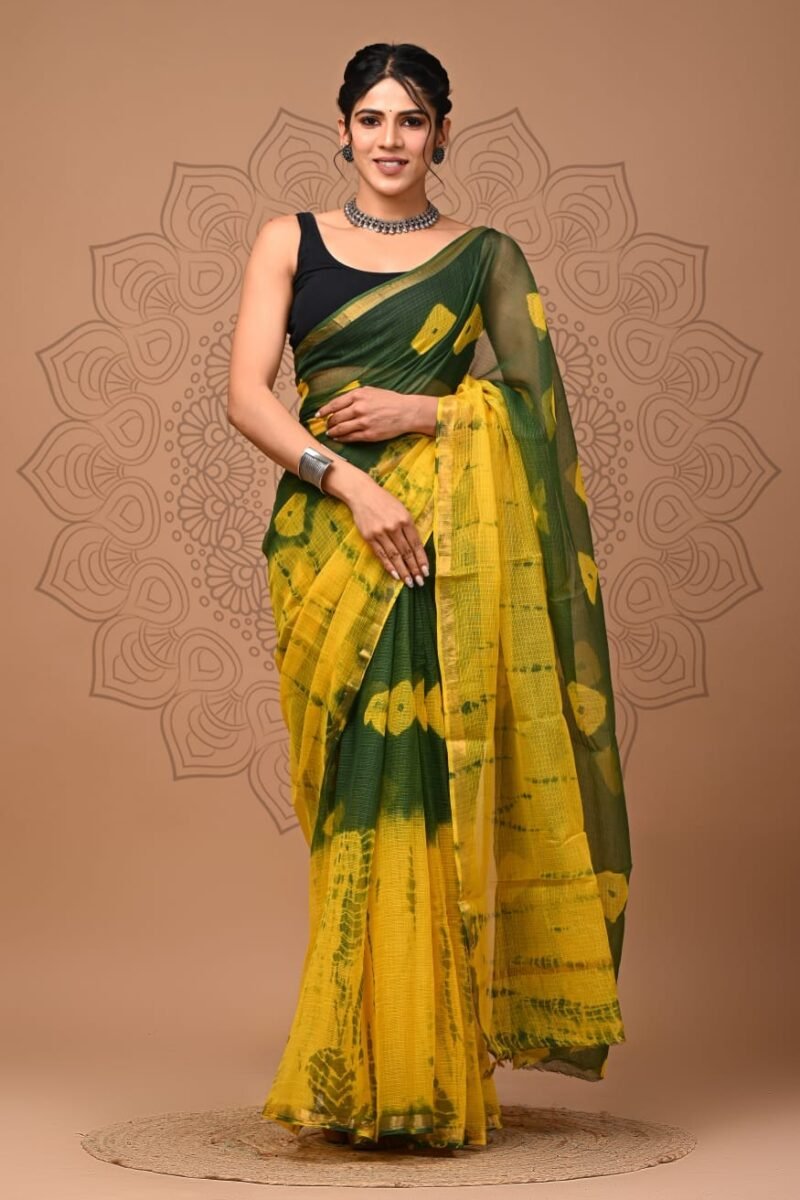 Yellow-Green Tie-Dye Pure Cotton Kota Doria Saree with Golden Border