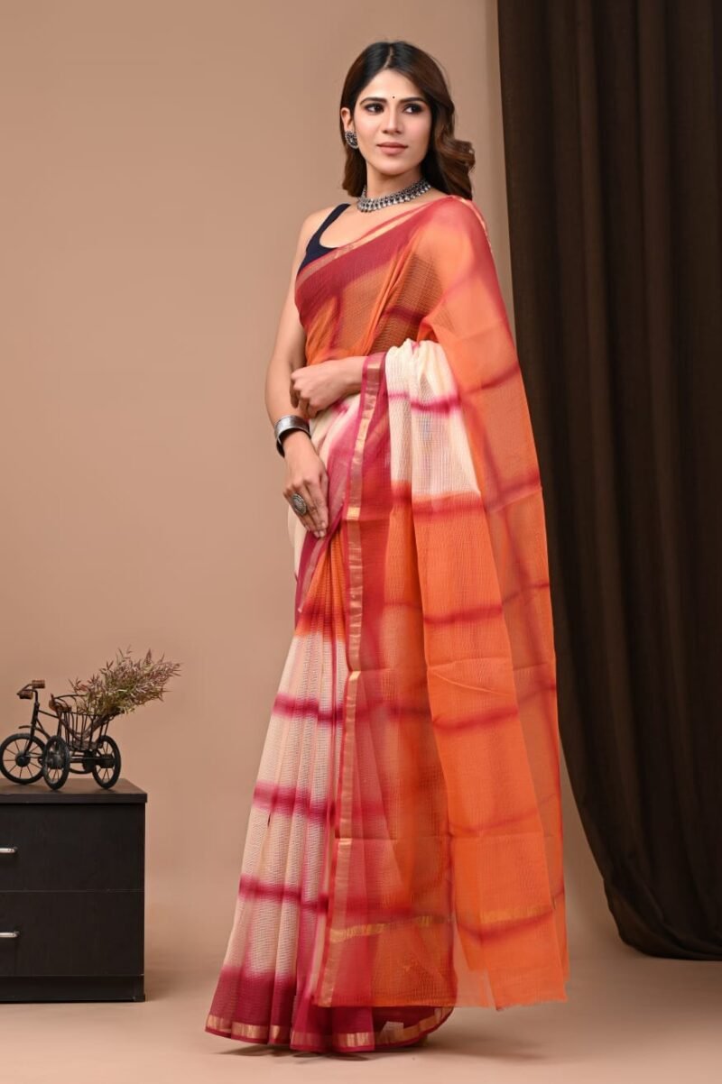 Orange-Red Ombre Pure Cotton Kota Doria Saree with Golden Border