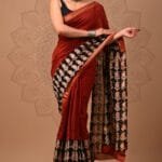 Maheshwari Silk Saree - Deep Red with Traditional Hand block printed Pallu
