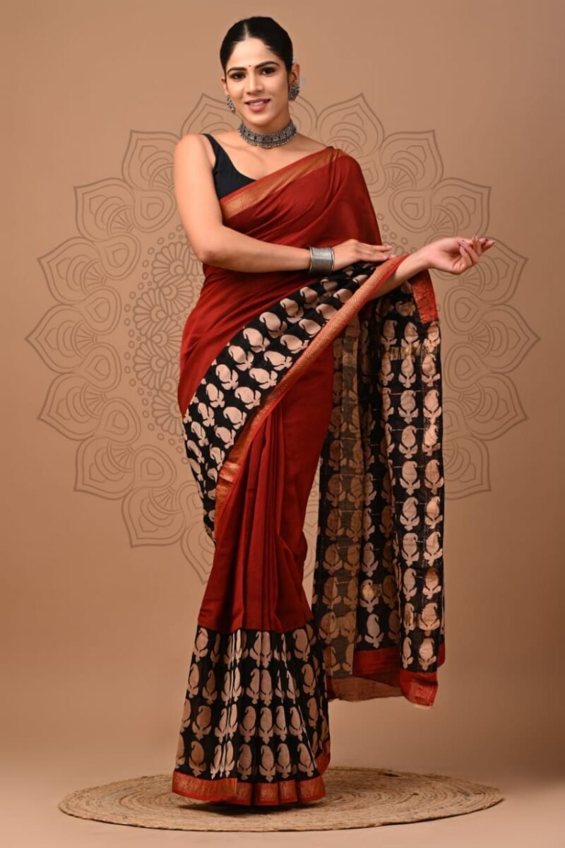 Maheshwari Silk Saree - Deep Red with Traditional Hand block printed Pallu