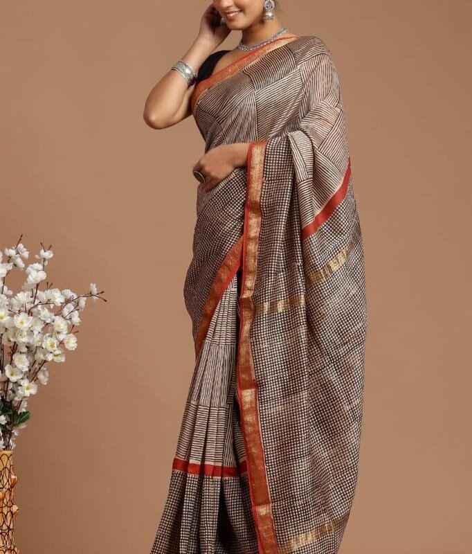 Maheshwari Silk Checkered Saree - Brown and White with Rust Border