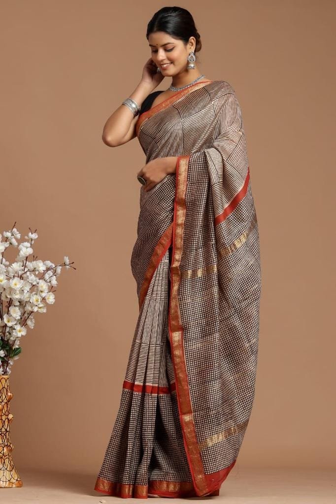 Maheshwari Silk Checkered Saree - Brown and White with Rust Border