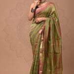 Maheshwari Silk Saree - Olive Green with Pink Stripes Tie And Dye