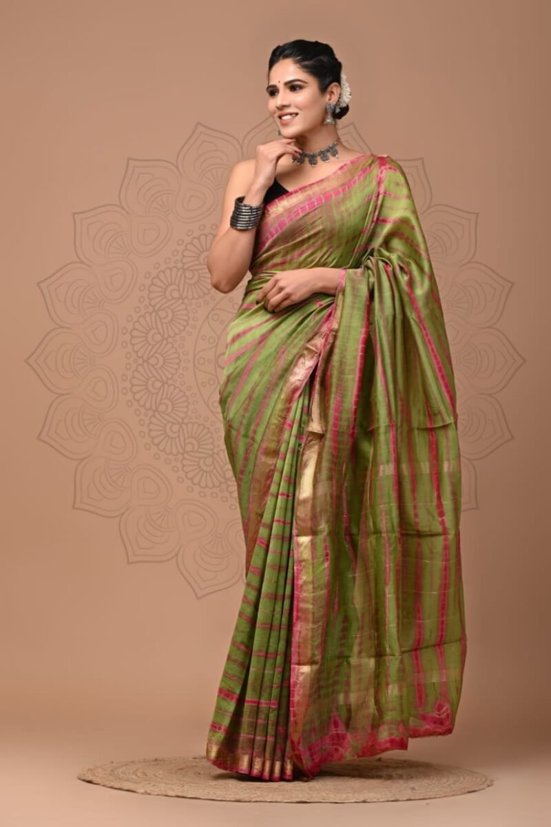 Maheshwari Silk Saree - Olive Green with Pink Stripes Tie And Dye