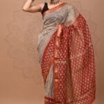 Maheshwari Silk Saree - White with Red Leaf Pattern and Zari Border
