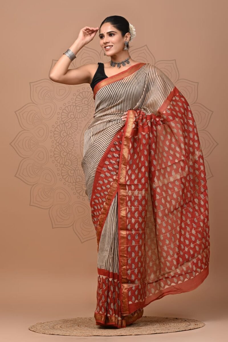 Maheshwari Silk Saree - White with Red Leaf Pattern and Zari Border