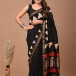 Maheshwari Silk Saree - Black with Beige Triangle Motifs and Red Border