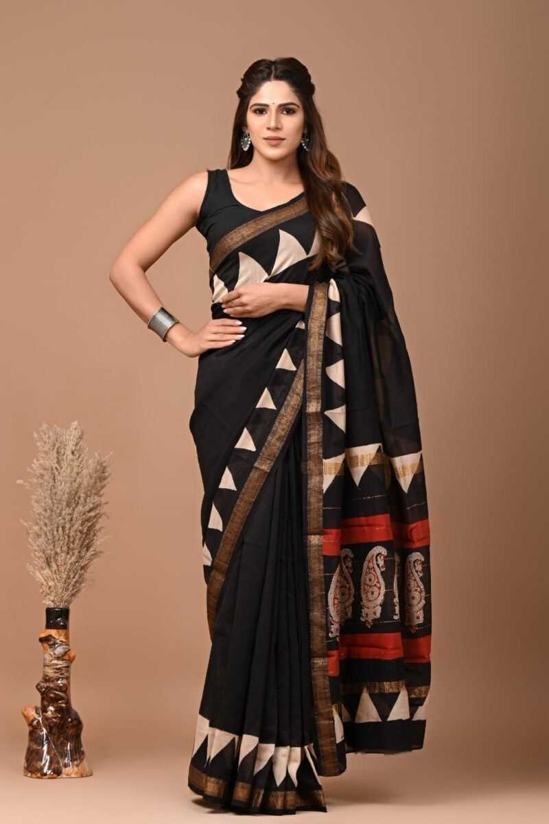 Maheshwari Silk Saree - Black with Beige Triangle Motifs and Red Border
