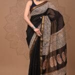 Maheshwari Silk Saree - Black with White Geometric Motifs and Paisley Border