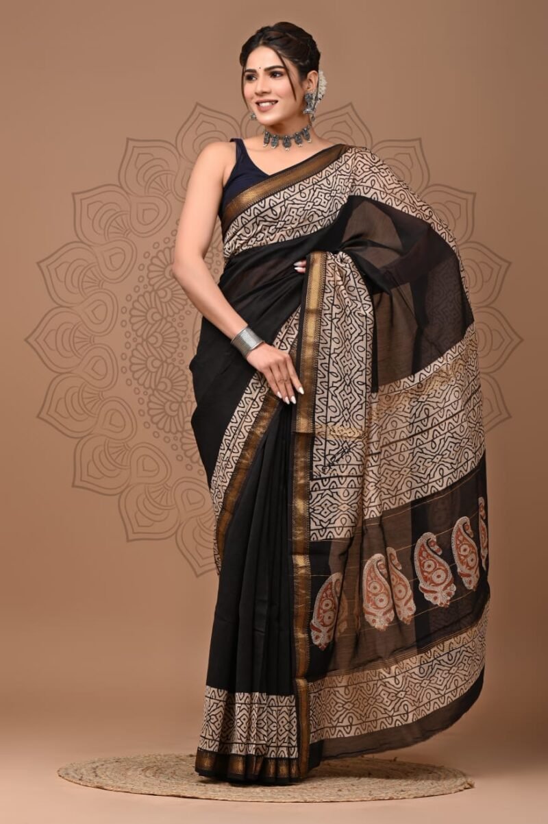 Maheshwari Silk Saree - Black with White Geometric Motifs and Paisley Border