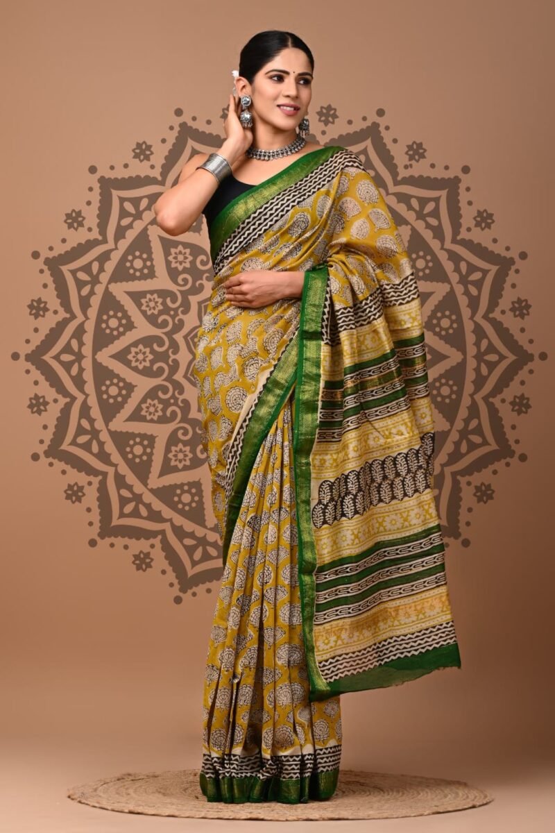Mustard Heritage Maheshwari Silk Saree with Green Border and Block Prints