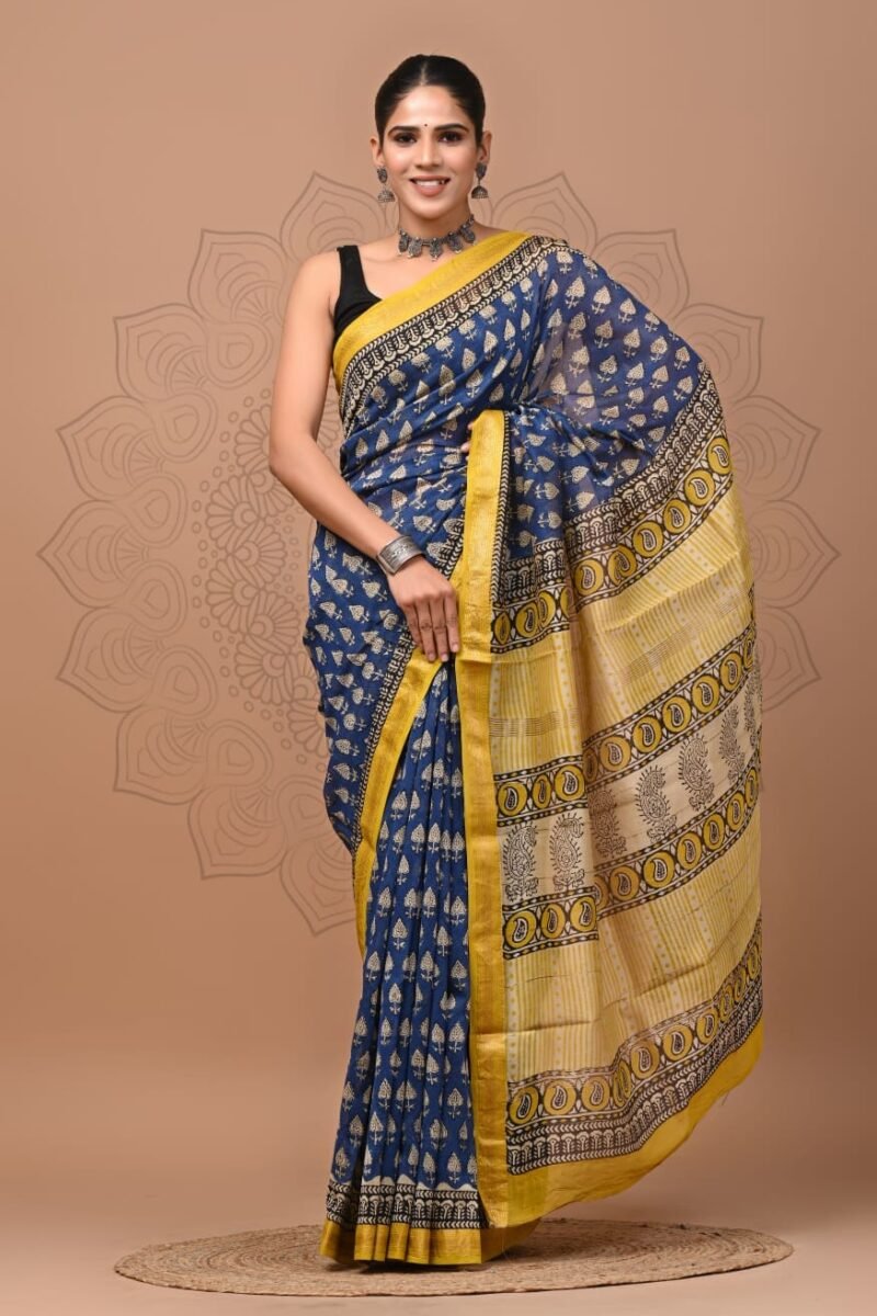 Royal Blue and Yellow Maheshwari Silk Saree with Golden Motifs