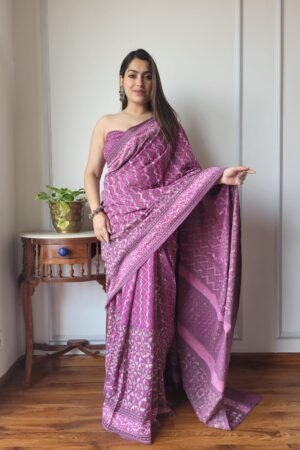 Pink Zigzag Block Print Cotton Mulmul Saree with Floral Border