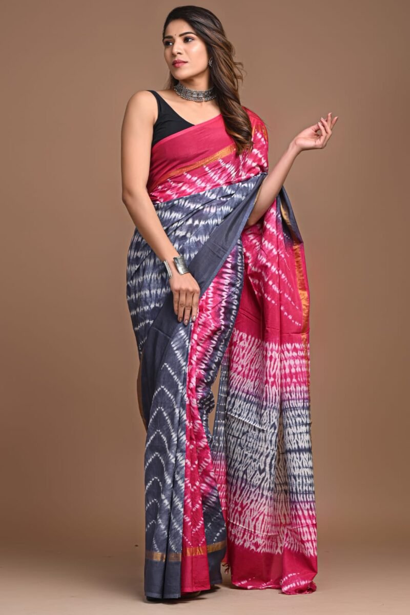 Pink and Gray Tie-Dye Assam Silk Saree